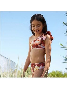 Bundle of 3pc-Molo Rust Floral One-Shoulder Ruffle Kids Bikini and Short Coverup